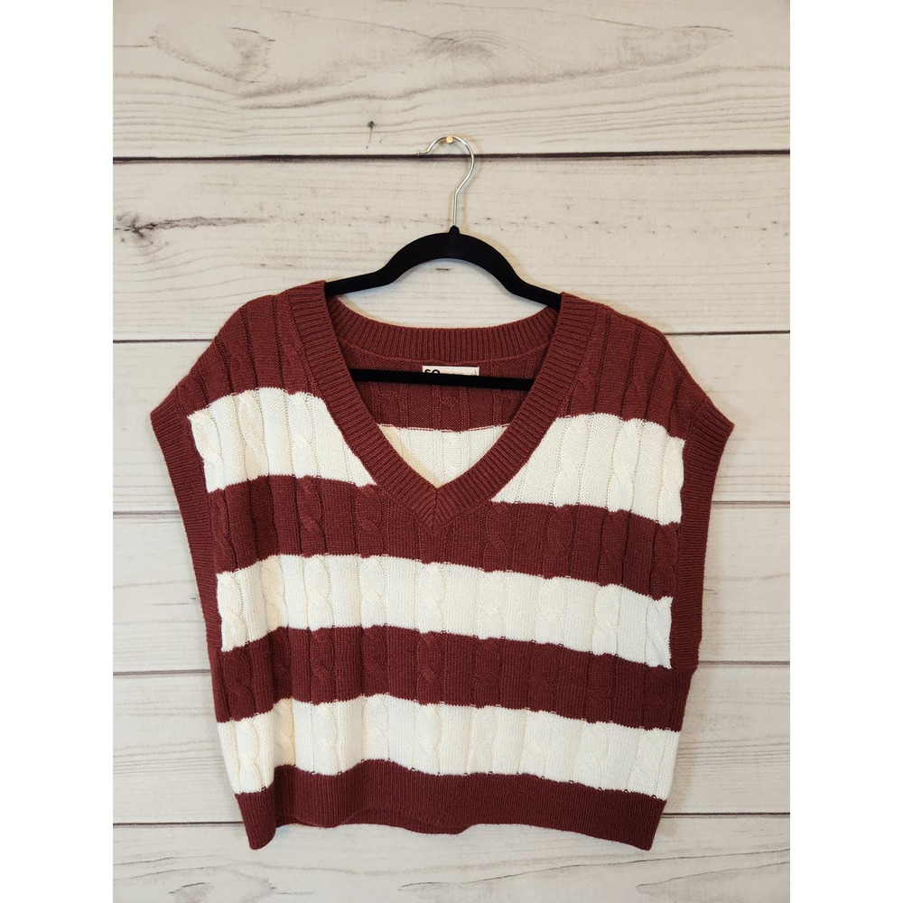 So Goods For Life Women Burgundy Cream Stripe V-Neck Cropped Vest Sweater Size L